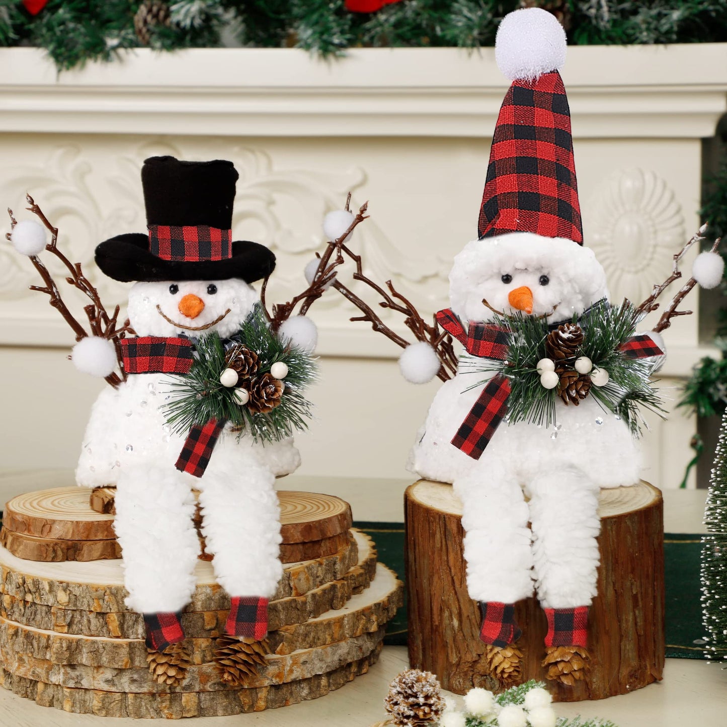 Lulu Home Set of 2 Christmas Snowman Ornaments for Table Mantel Desk Fireplace Home Holiday Decor (Red and Black)