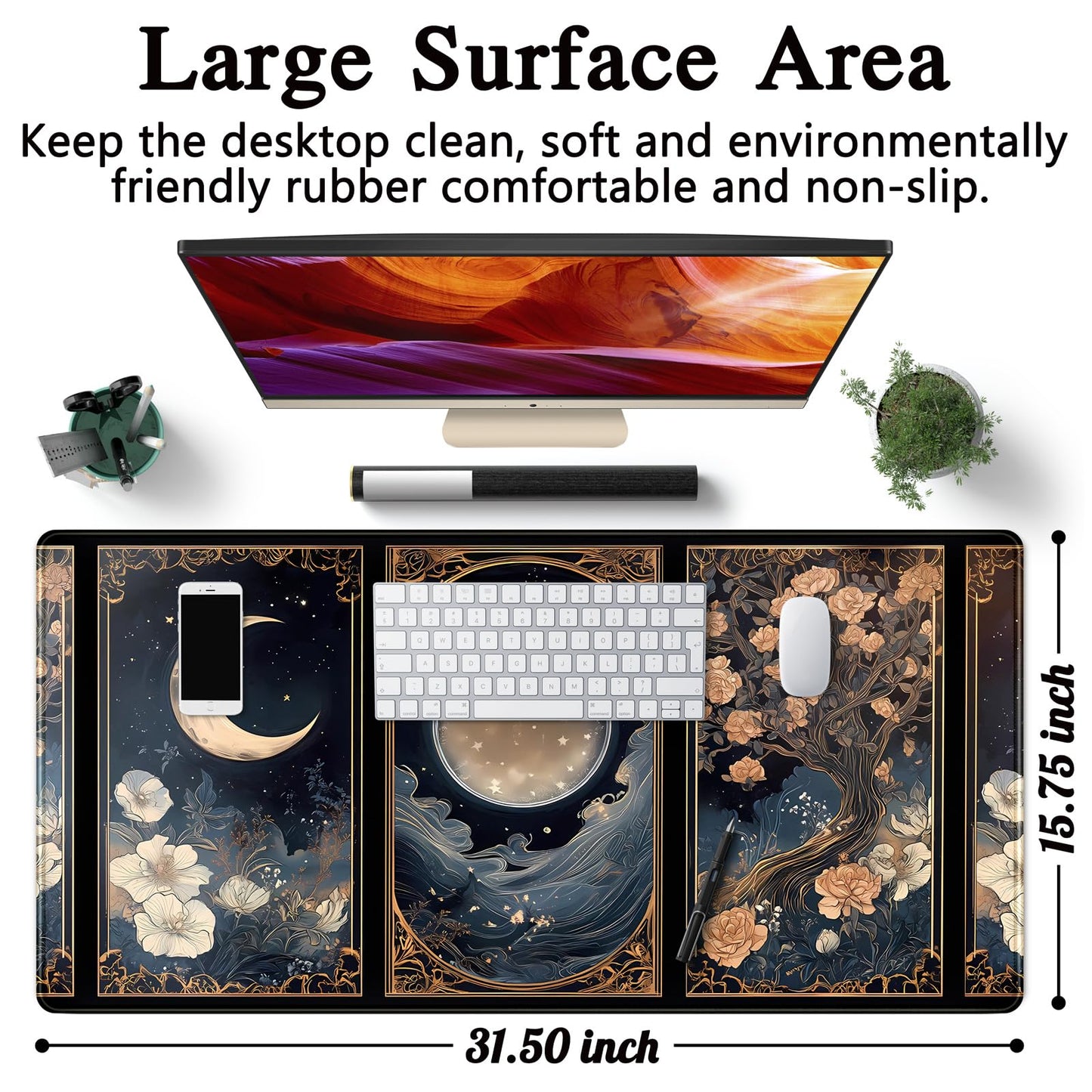 Celestial Lunar Nature Tarot Card Desk Mat Moon Floral Large Mouse Pad XXL 31.5''X 15.7'' Witch Night Botanical Desk Pad Gaming Mousepad Keyboard Mouse Mat for Laptop Computer Office Decor Gift