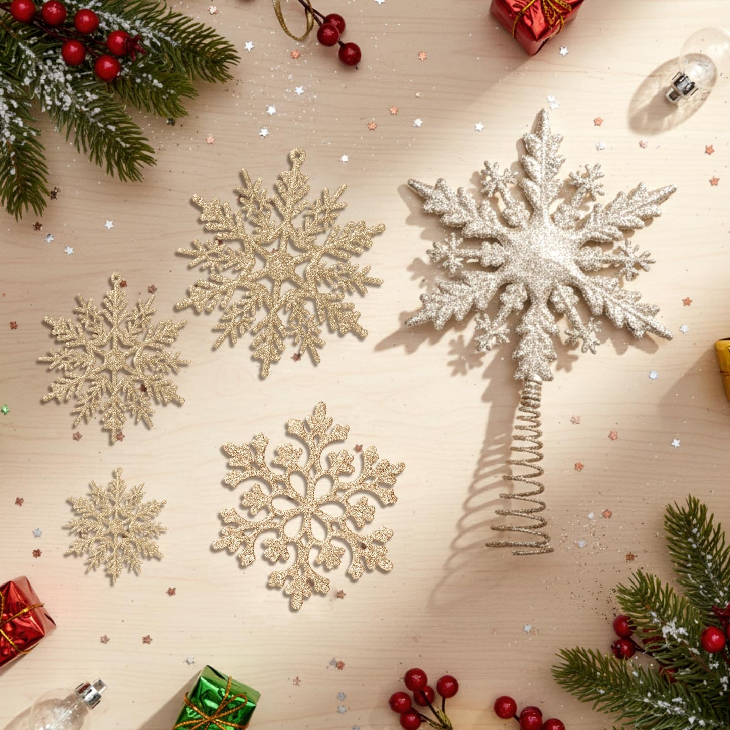 Teenyyou 36 Pcs Snowflake Christmas Tree Decoration 1 Pcs Glitter Star Tree Topper Snowflake Hanging Ornaments for Craft Christmas Trees DIY Indoor Ceiling Winter Party Decoration(Champagne)