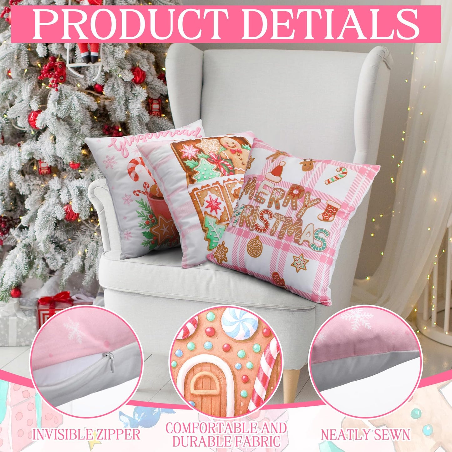 Fanfanwin 6 Pcs Pink Christmas Gingerbread Throw Pillow Covers 18 x 18 Inch Gingerbread House Truck Hot Cocoa Pink Christmas Decorative Pillow Cases for Xmas Sofa Couch Decor(Novel)