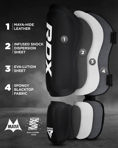 RDX Shin Guards Kickboxing Muay Thai, SATRA SMMAF Approved, Premium Maya Hide Leather, Leg Instep Protection Pads, MMA Martial Arts Kicking Sparring Training Gear, BJJ Karate Boxing Taekwondo, Black