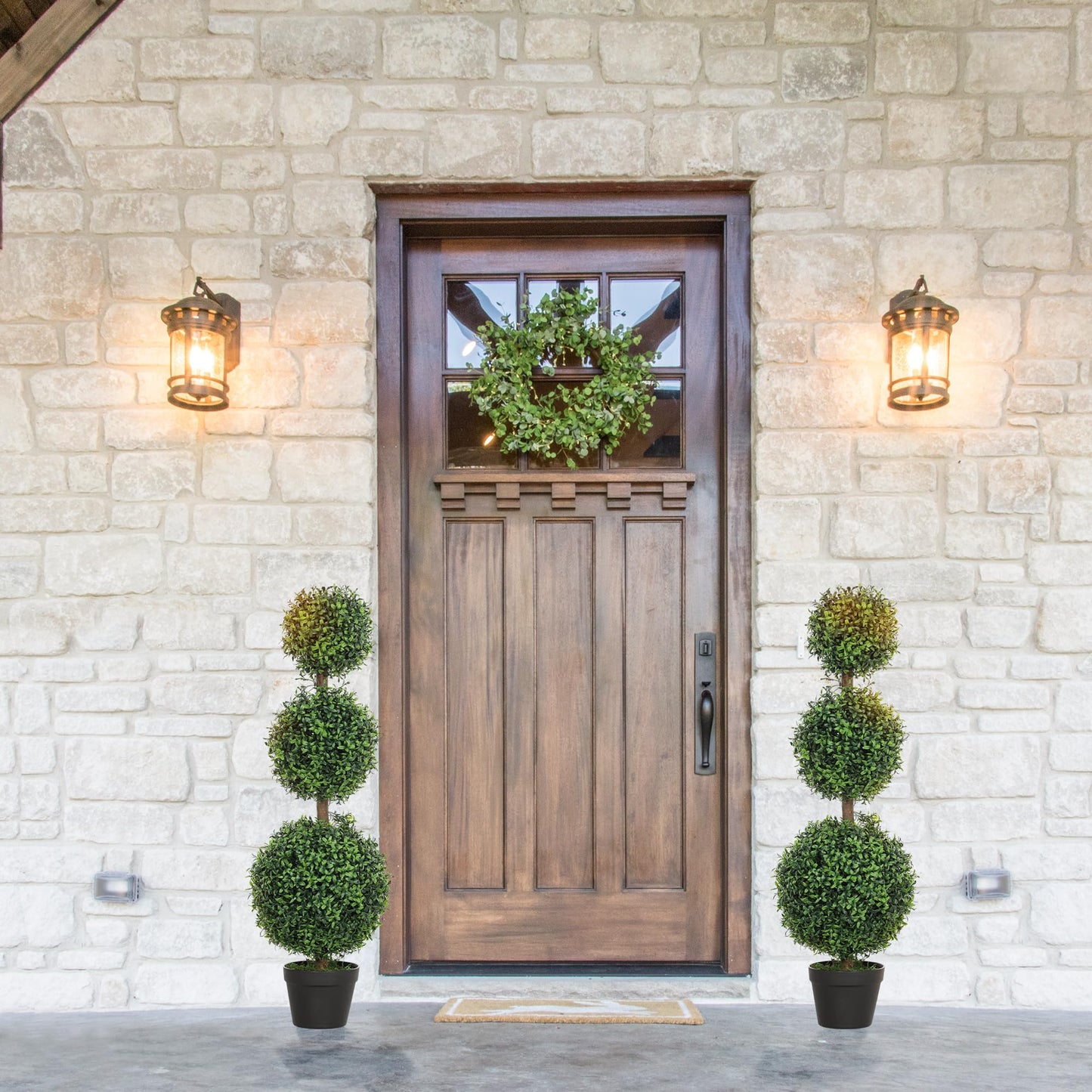 HOMCOM Artificial Plants Topiary Ball-Shaped Boxwood Trees in Pot Set of 2 Fake Plants for Home Indoor Outdoor Front Porch Decor, 40 Inch, Green