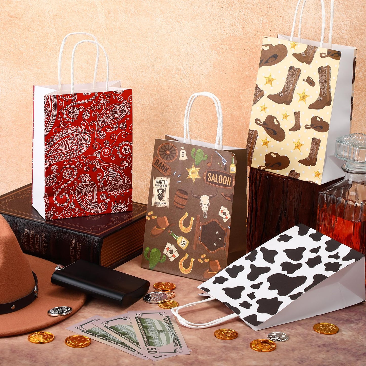 Marspark 24 Pcs Western Cowboy Party Favor Gift Bags Rustic Hat Boots Paisley Goodies Treat Paper Totes with Handle for Birthday Christmas Party, 4 Styles