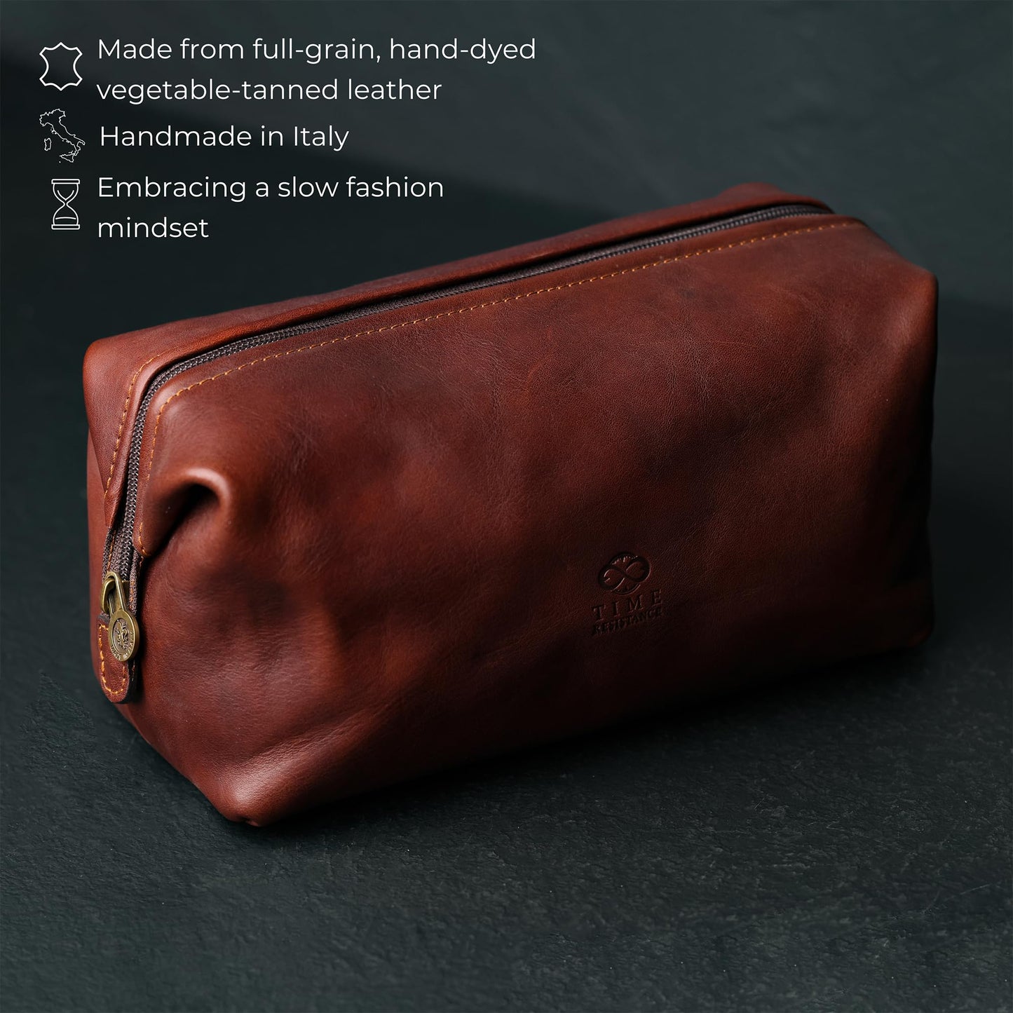 Time Resistance Leather Toiletry Bag - Italian Cosmetic Case Dopp Kit (Brown)