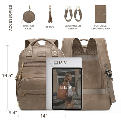 ROSEGIN Premium Vegan Leather Diaper Bag Backpack with Waterproof Changing Pad, Reinforced Zippers & Odor-Free, 20 Pockets Pro Organizer, Fits 15.6" Laptop, Stroller Straps, Baby Bag for Mom, Taupe