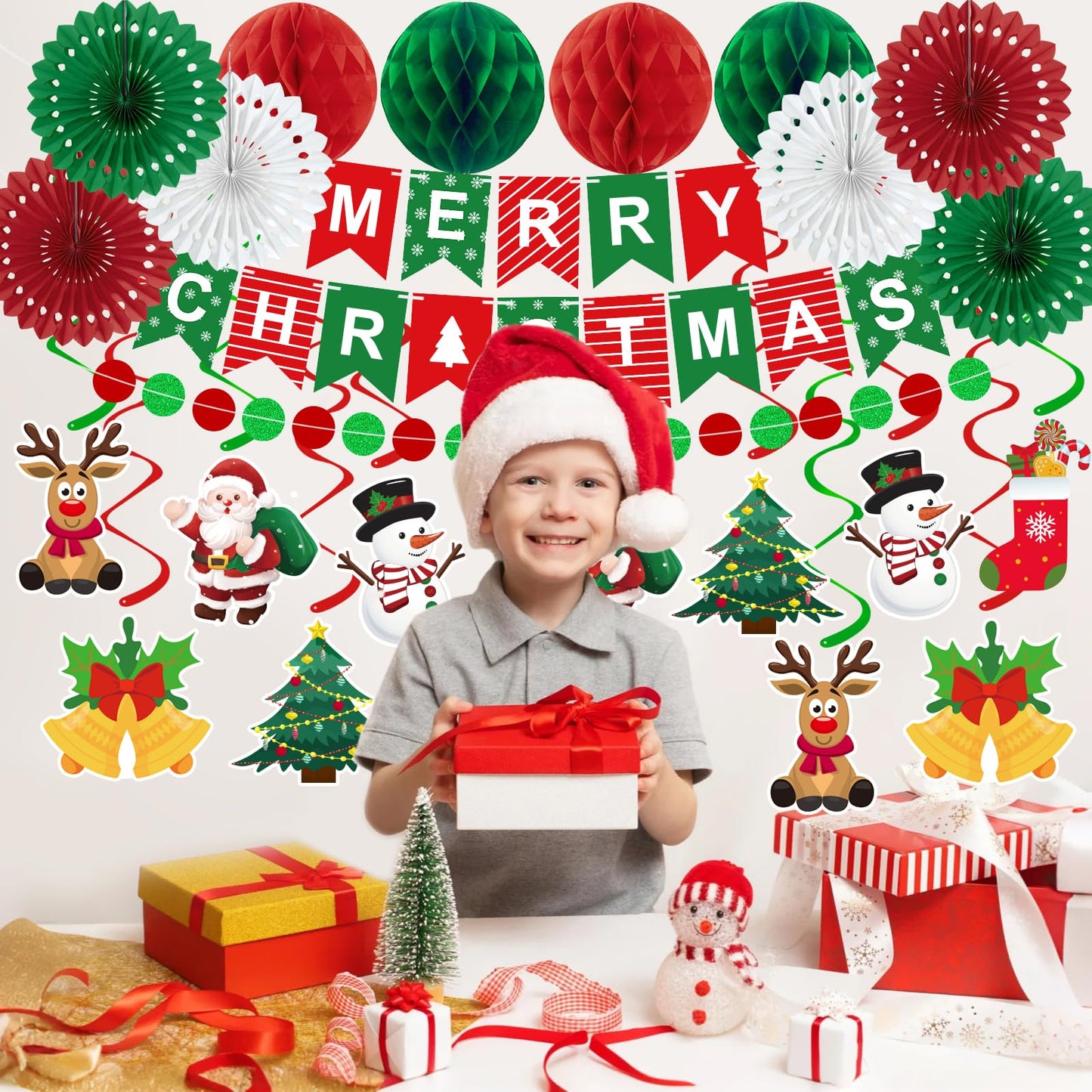 25pcs Christmas Party Decorations Merry Christmas Banner Paper Fan Garlands String Circle Dot Honeycomb Ball Swirl Streamers Snowman Santa for Xmas Decorations Indoor Home Decor