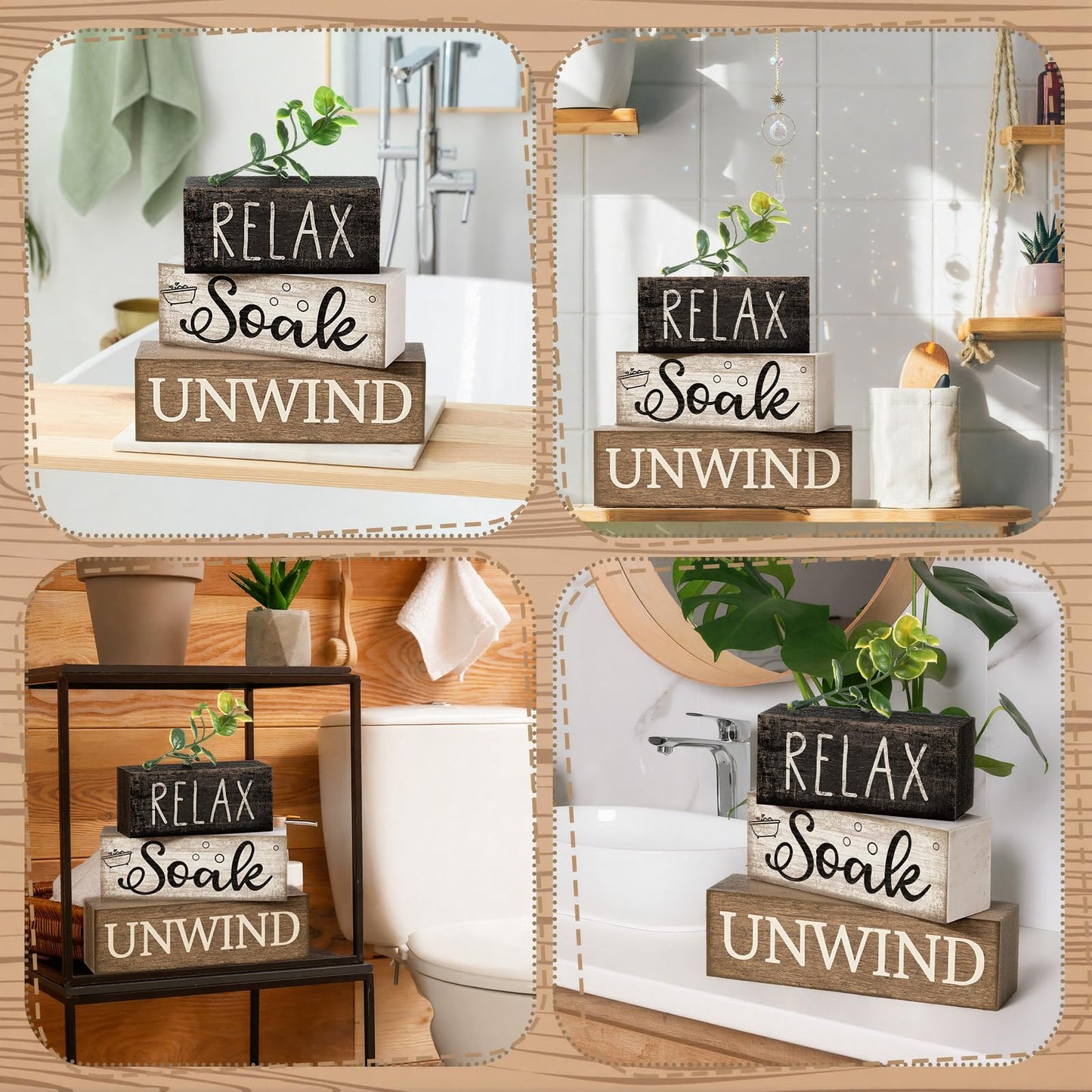 Moucuny 4 Pcs Bathroom Shelf Decor Sign Farmhouse Bathroom Decor and Accessories Rustic Eucalyptus Leaves Wood Block Sign Gift Relax Soak Unwind Farmhouse Table Centerpiece for Home Toilet