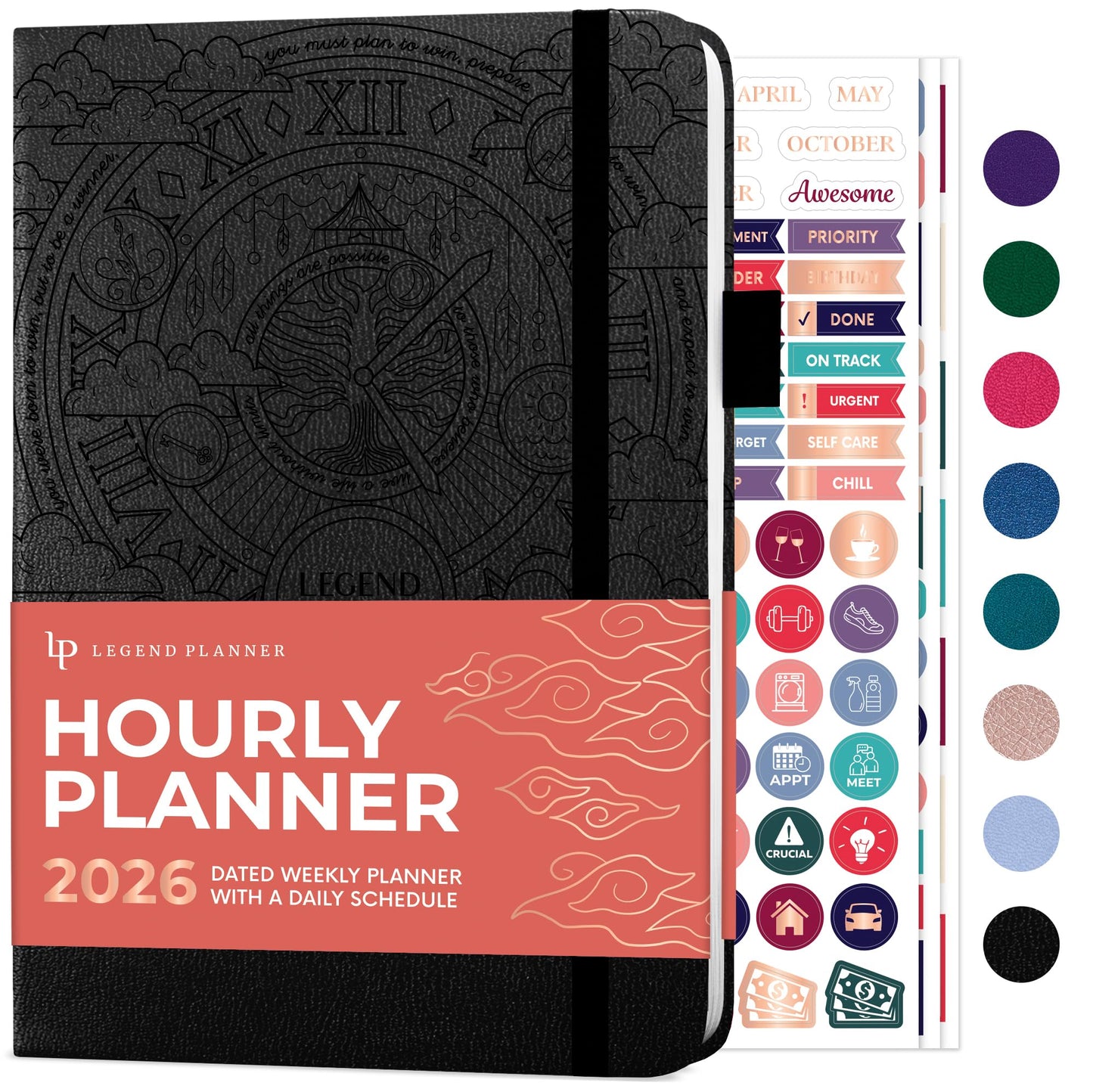 Legend Dated Hourly Weekly Planner 2026 – Daily, Monthly & Yearly Agenda with Time Slots – Hardcover Organizer Journal, 5.8x8.3” (Black)