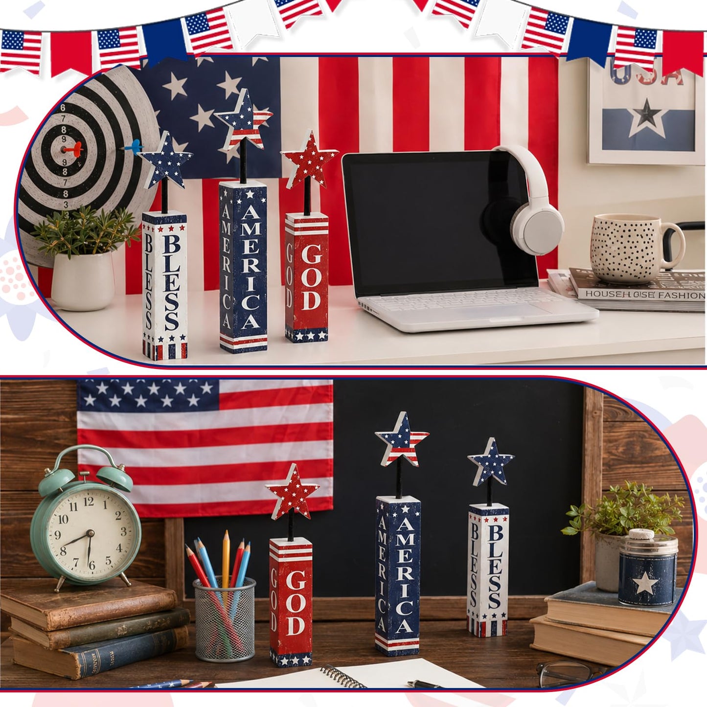 4th of July Table Decorations Wooden Patriotic Tiered Tray Decor 3 Pcs Memorial Day Decorations Red White Blue Centerpieces USA Star Wood Blocks for 250th Anniversary Independence Day Home Office