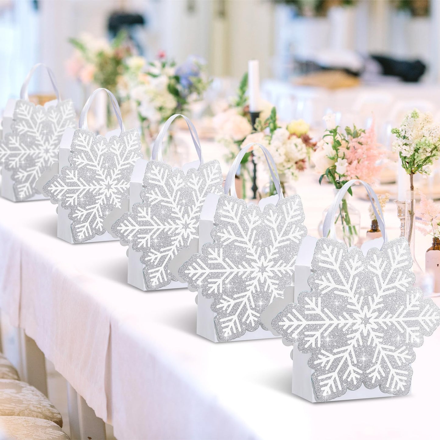 Kolldenn 12 Pcs Glitter Winter Snowflake Paper Bags Snowflake Party Favors Gift Bags with Handle for Summer Christmas Winter Holiday Birthday Wonderland Party Supplies Candy Treat Goodie