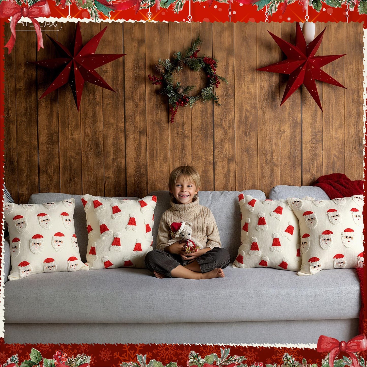 Hahafelt 2 Pcs Christmas Throw Pillow Covers 18x18 Inch Santa Claus Christmas Decorative Square Pillowcases Embroidery Cushion Covers Soft Plush Faux Fur Wool Decor for Winter Sofa Living Room