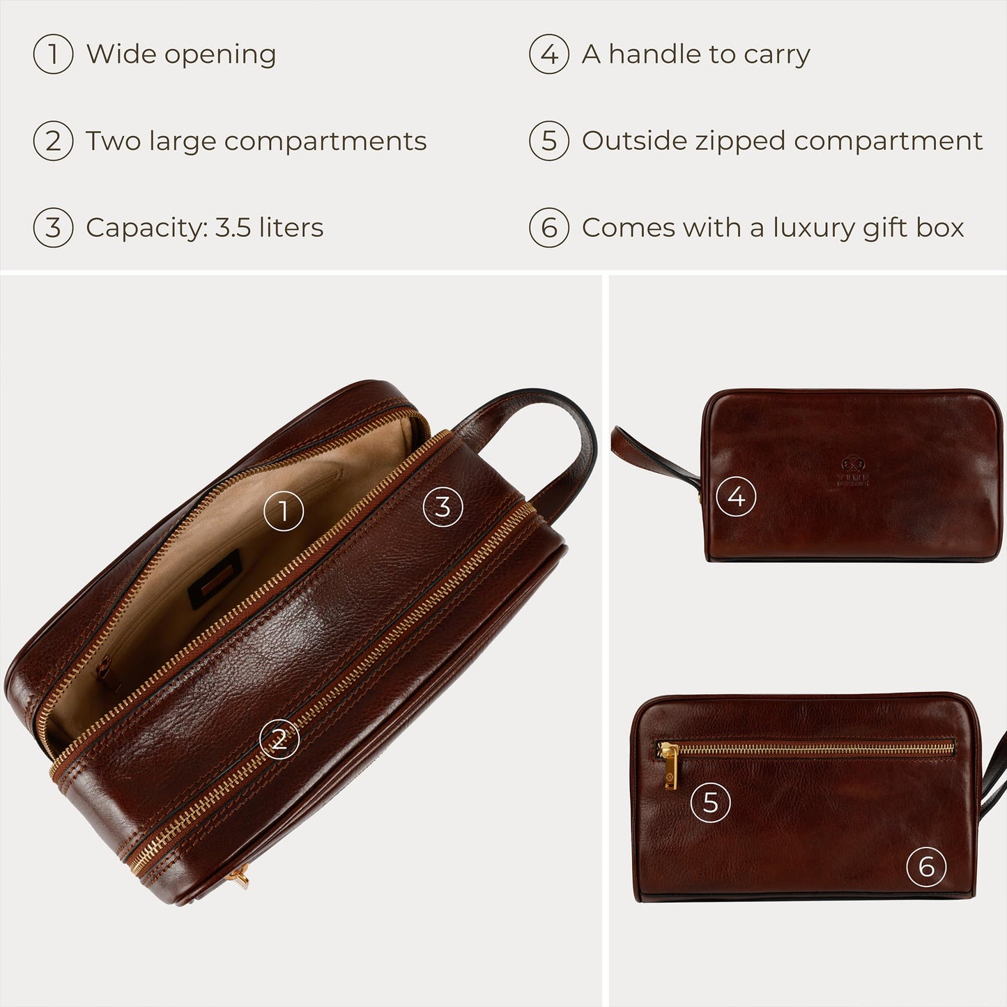 Time Resistance Leather Cosmetic Bag - Italian Toiletry Dopp Kit (Brown)