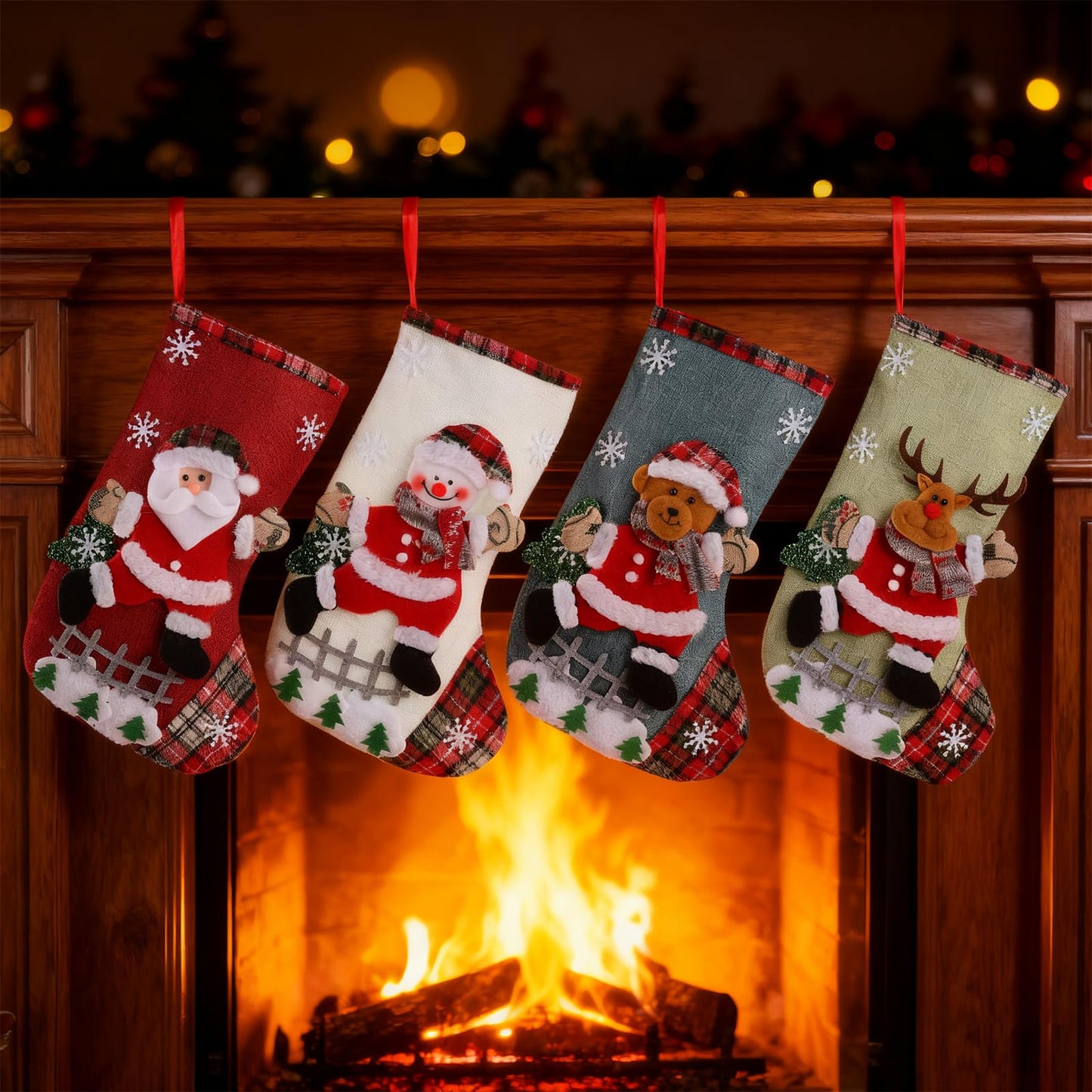 Poreids Christmas Stockings Personalized 4 Pack - Customized Small Xmas Stockings Bulk with Reindeer, Santa Claus, Snowman, Bear for Christmas Home Decorations, Set of 4