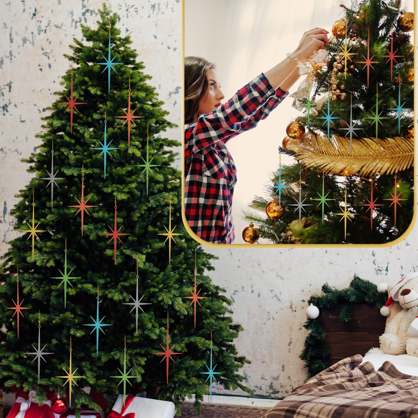 MorningRo 20 Pcs Retro Mid Century Star Ornament for Christmas Tree 3.15inch Cast Iron Starburst 8 Point Nativity Star of Bethlehem Ornament Hanging Pendants Gift Decor for Xmas Holiday Party
