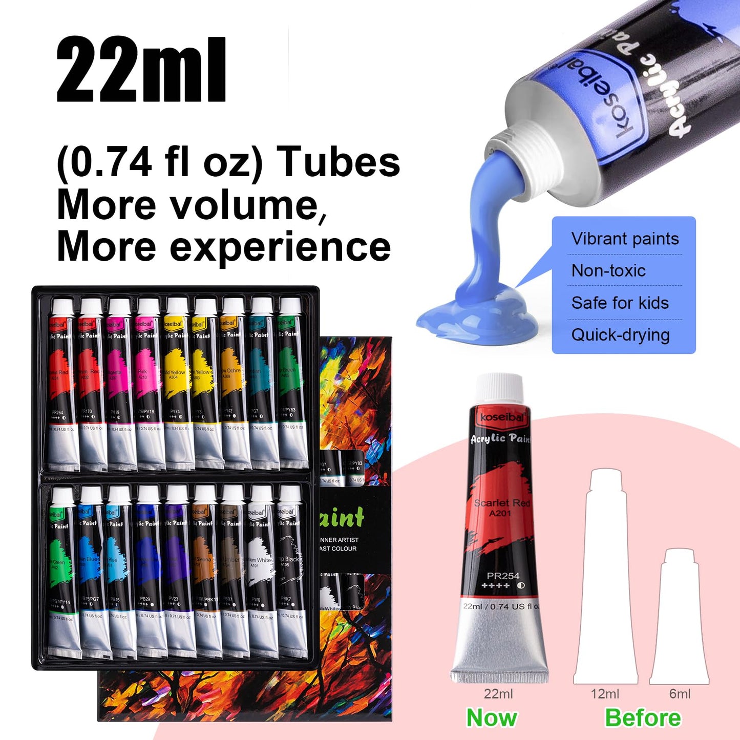 koseibal Acrylic Art Set with 18 Acrylic Paints, 8 Brushes, 4 Stretched Canvas, 1Wooden Easel, Etc, Premium Painting Supplies Kit for Students, Artists Kids, Adults, and Beginner