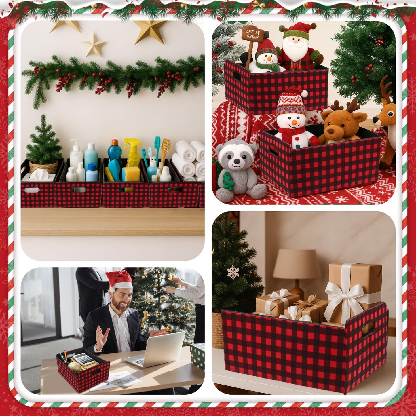 FoldTier 3 Pcs Large Christmas Baskets for Gifts Empty Collapsible Buffalo Plaid Felt Storage Basket Red Black Christmas Bins Xmas Organizer Box for Holiday Gift Snack Toys Pet Home Bedroom Office