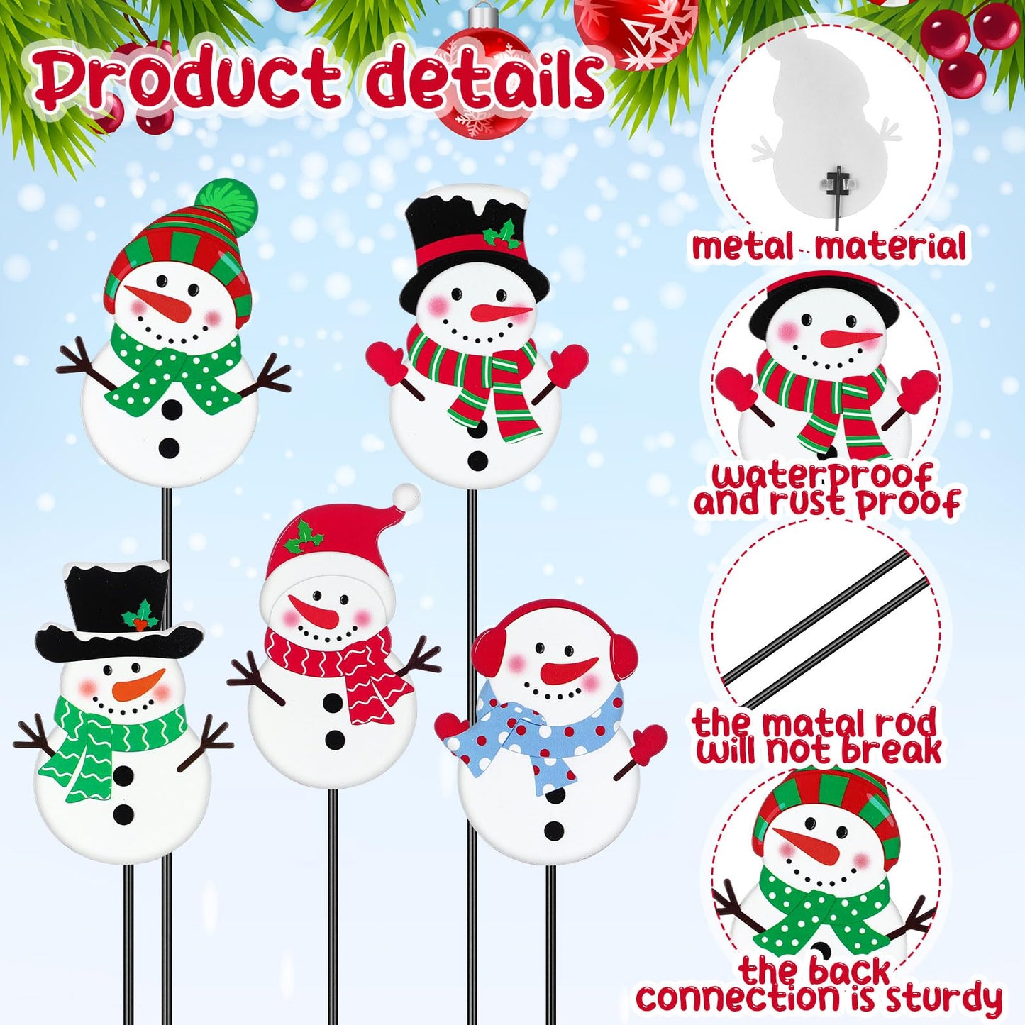 Roowest 5 Pack 12'' H Metal Winter Yard Stakes Outdoor Decorations Snowman Garden Signs Christmas Potted Plant Stakes for Holiday Winter Home Lawn Garden Porch Walkway Party Decor
