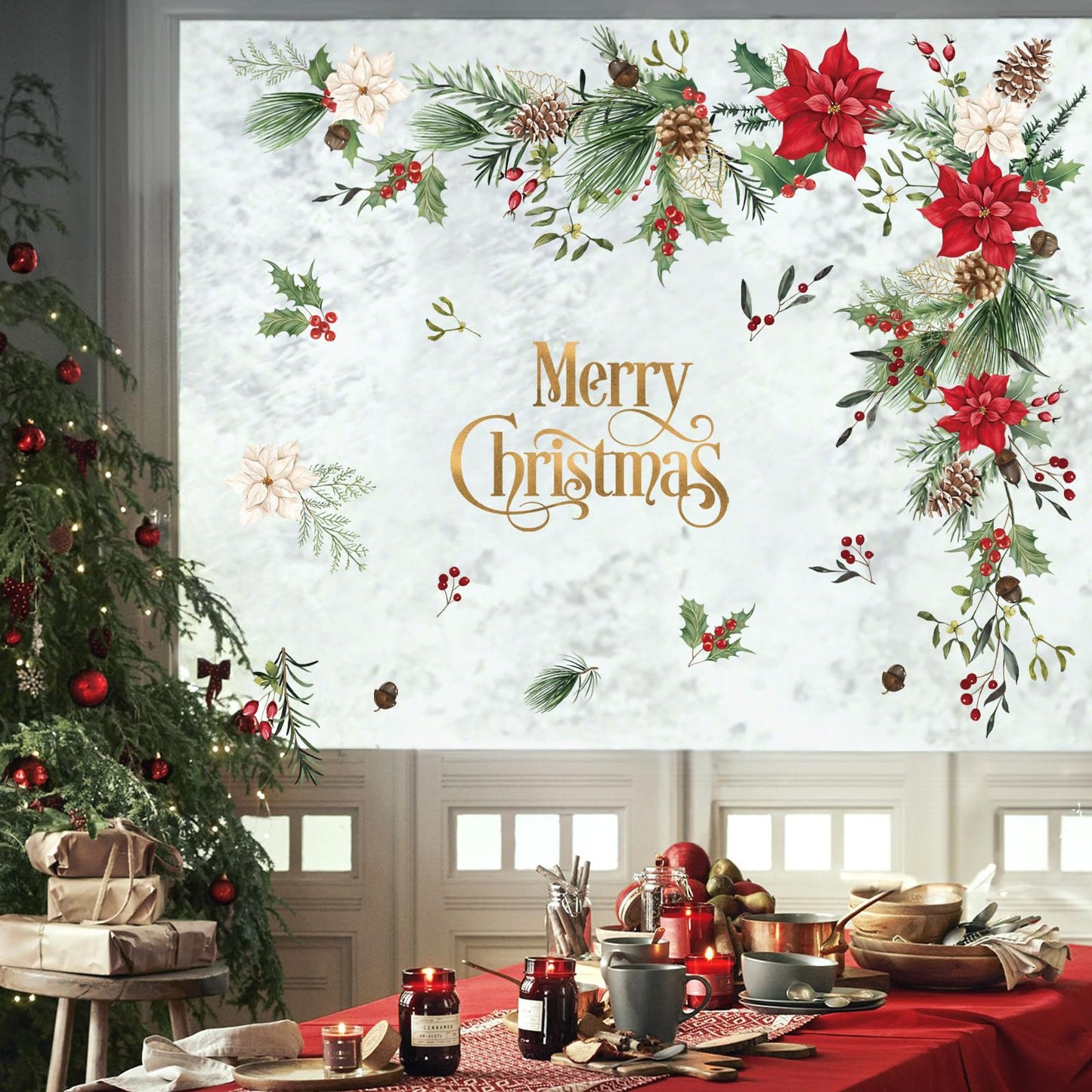 Wondever Christmas Flower Wall Stickers - Leaves and Floral Window Wall Art Decals for Xmas Party, Living Room