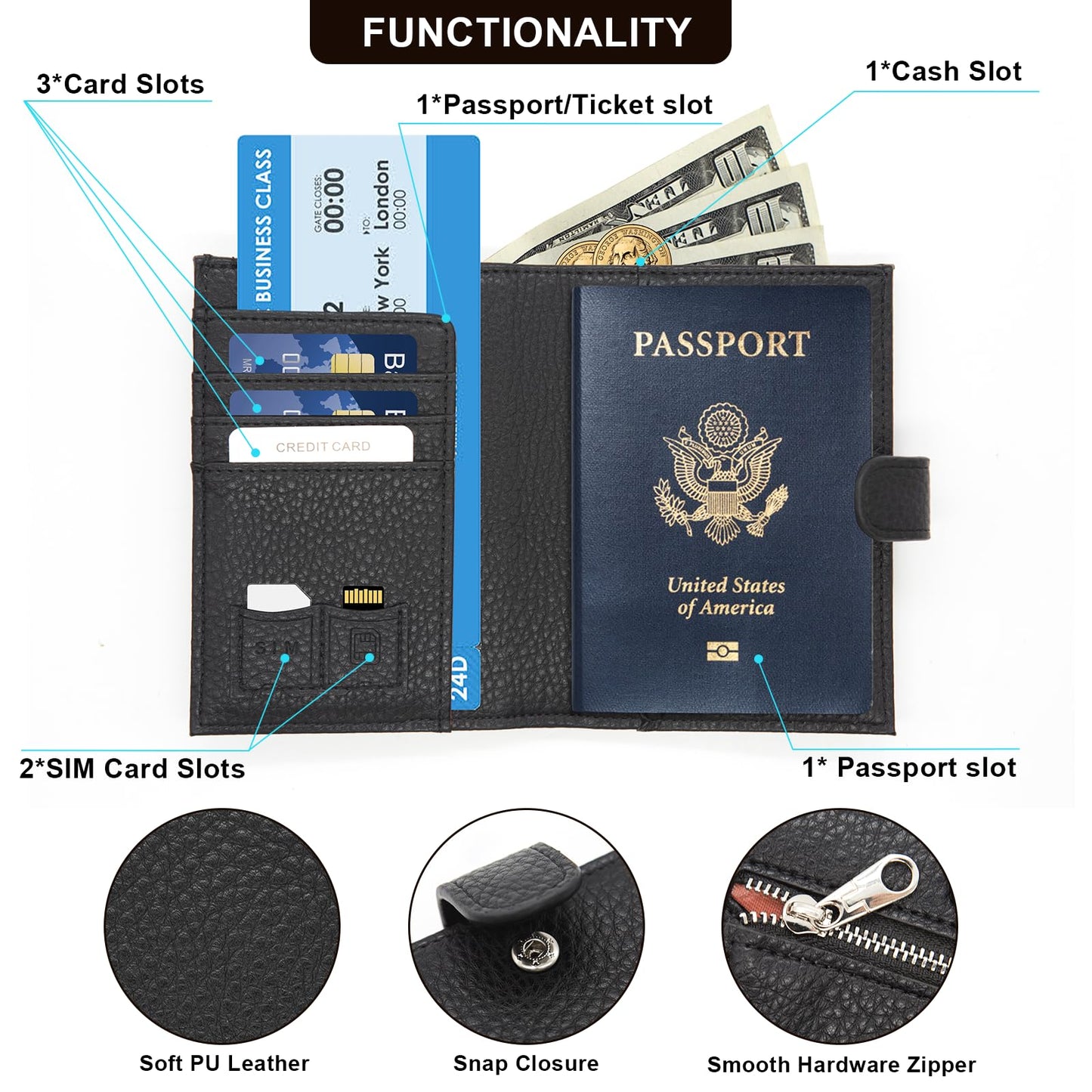 Long Keeper RFID Passport Holder Women Men PU Leather Travel Slim Wallet with Card Holders SIM Slots Zippered Coins Pocket (White)