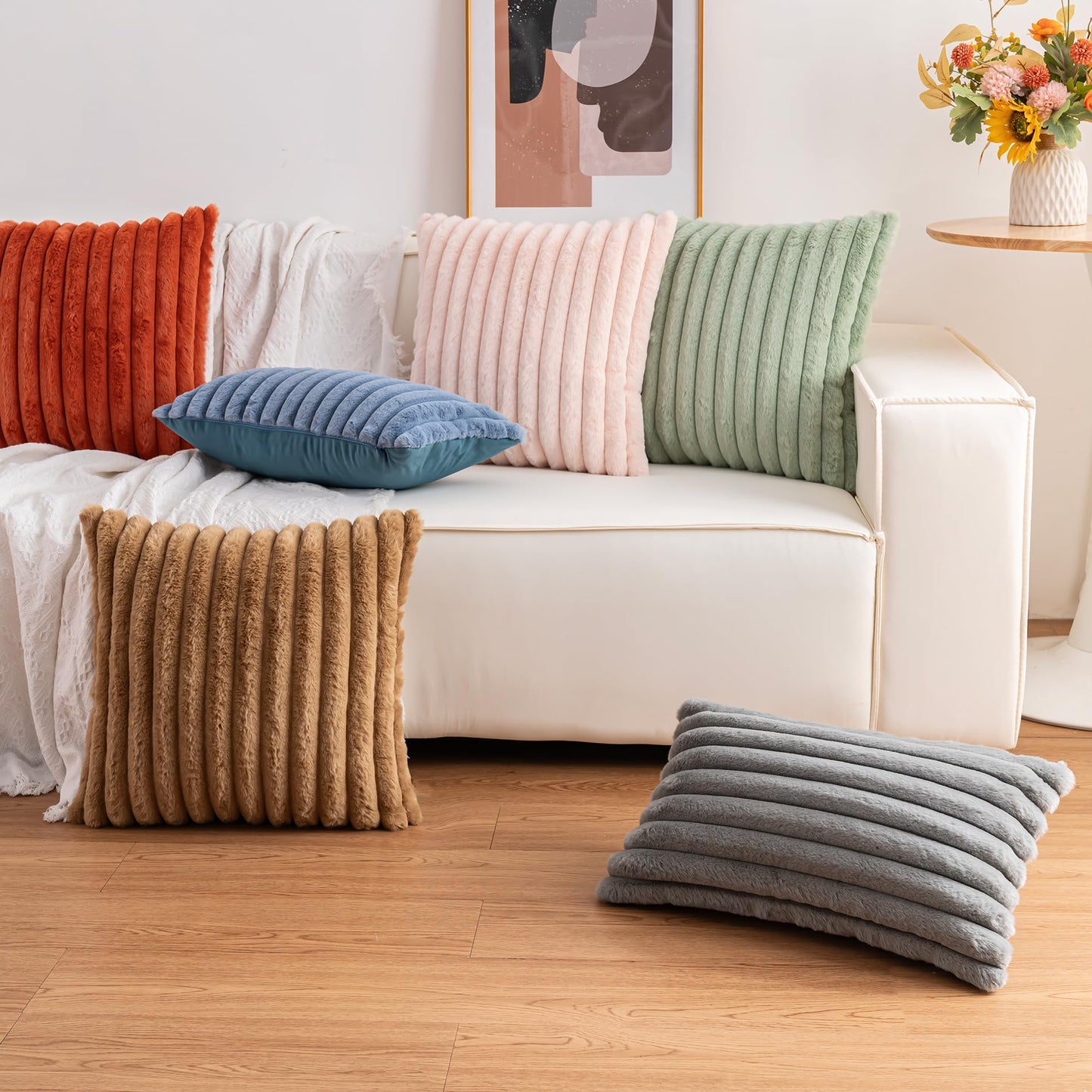 Aegero Pack of 2 Faux Fur Christmas Throw Pillow Covers 18x18 Inch, Soft Plush Striped Neutral Couch Pillow Cover, with Velvet Back Modern Home Decor for Sofa Living Room Couch Bed Red