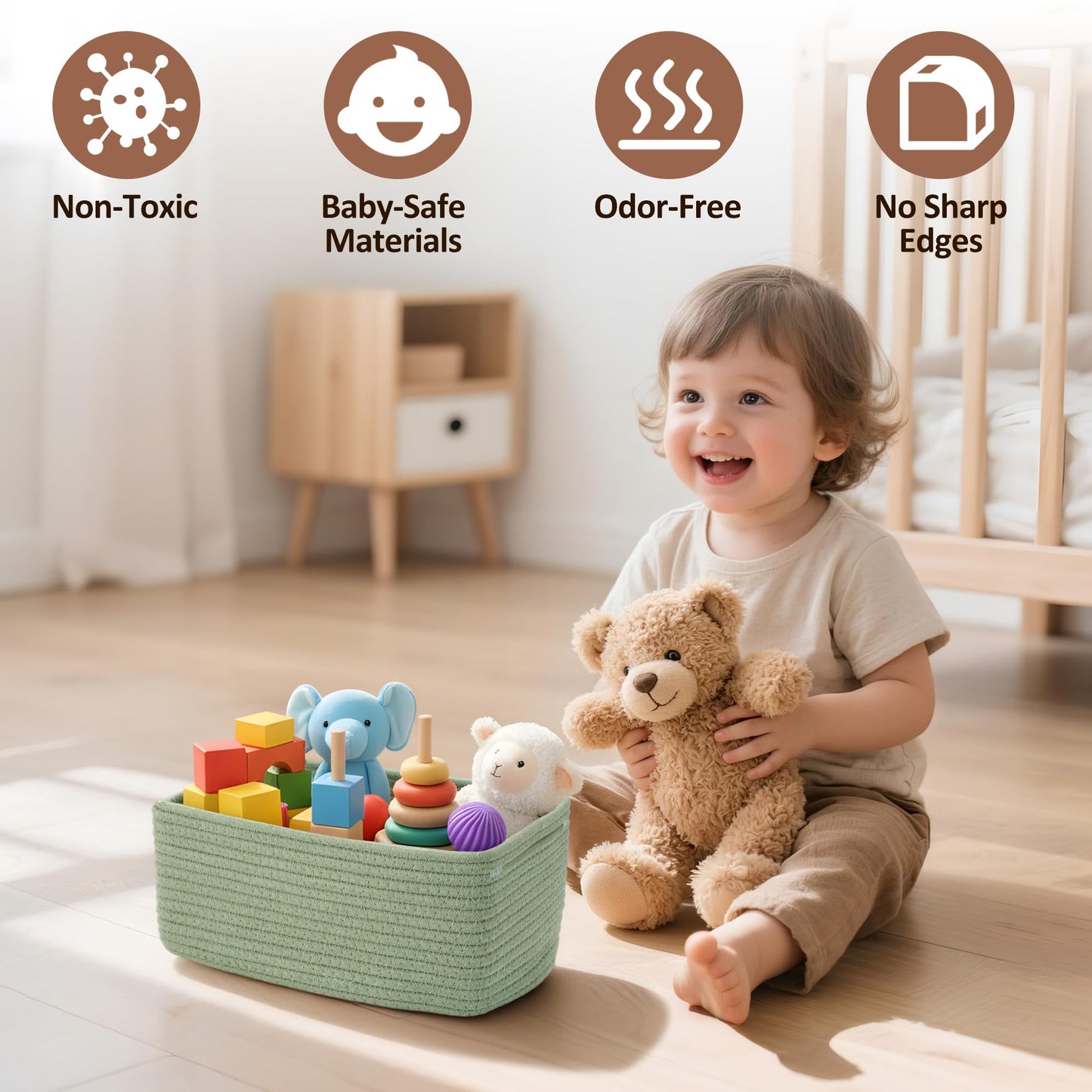 VIRETH HAUS 5-Pack Small Woven Rope Storage Baskets – 2 Sizes Organizer Bins for Closet, Shelf, Bookshelf, Nursery, Changing Table, Fabric Cube Boxes, Rectangular Shallow Bins for Bathroom, Toy & Home