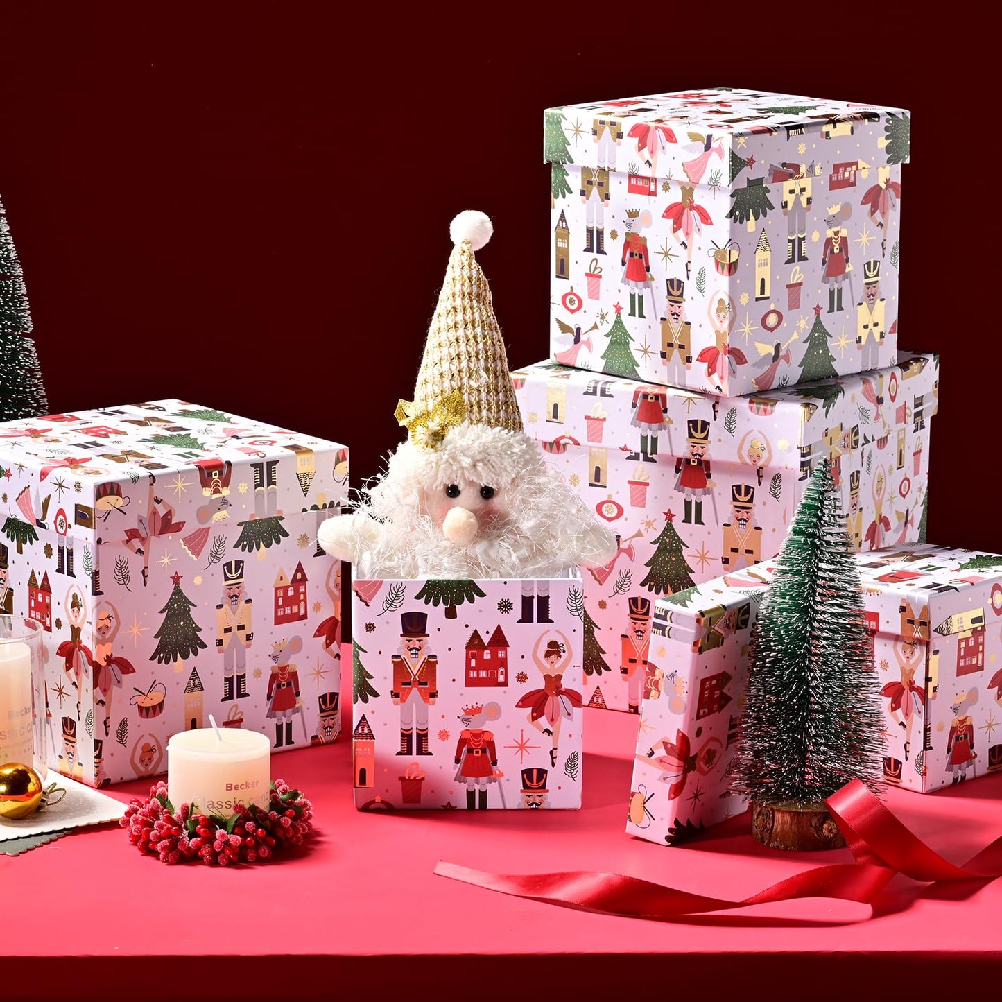 PAPER FAIR 5PCS Christmas Nesting Gift Boxes with Lid, Xmas Nested Box Set, 5 Sizes, Square Stackable, White Ballerina Nutcracker Paper Box Tower Décor, for Holiday Thanksgiving New Year Packaging