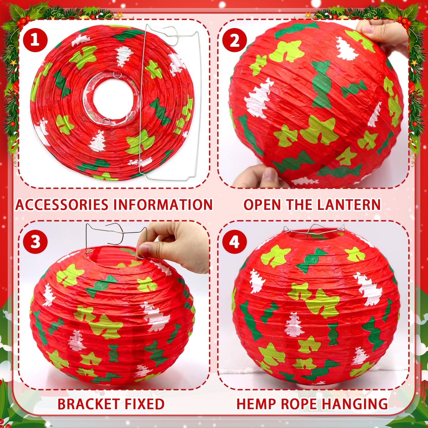 ADLKGG 12PCS Christmas Paper Lanterns Decorations - Hanging Xmas Lanterns with Trees, Bells, Stripes Patterns for Christmas in July & Winter Holiday Party Supplies, Home Patio Classroom Decor