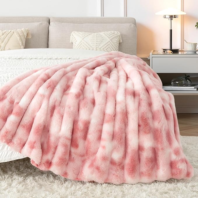 Touchat Luxury Faux Rabbit Fur Throw Blanket for Couch, Super Heavy Warm Cozy Blanket for Sofa Bedroom Living Room, Ultra Soft Fluffy Reversible Plush Blanket for Home Decor Gifts, Tie-dye Pink
