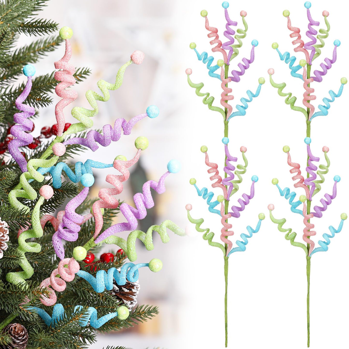 Vertintong 4 Pcs 16.5 inch Christmas Pastel Tree Picks Glitter Curly Spray Tree Topper Decorations Candy Cane Style Frosted Spiral Stems for Xmas Party Wreath Vase Garland Home Centerpieces