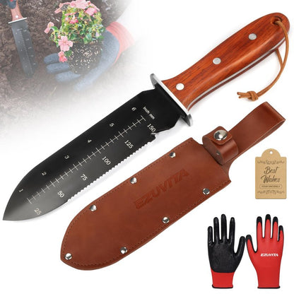 EZUVITA Hori Hori Garden Knife, Gardening Tools with Leather Sheath for Weeding, Gardening, Digging, 7” Stainless Steel Blade with Black Electrophoresis Coating, Double Cutting Edge, Full Tang Wood Handle with Hanging Hole, Fathers Day Gift