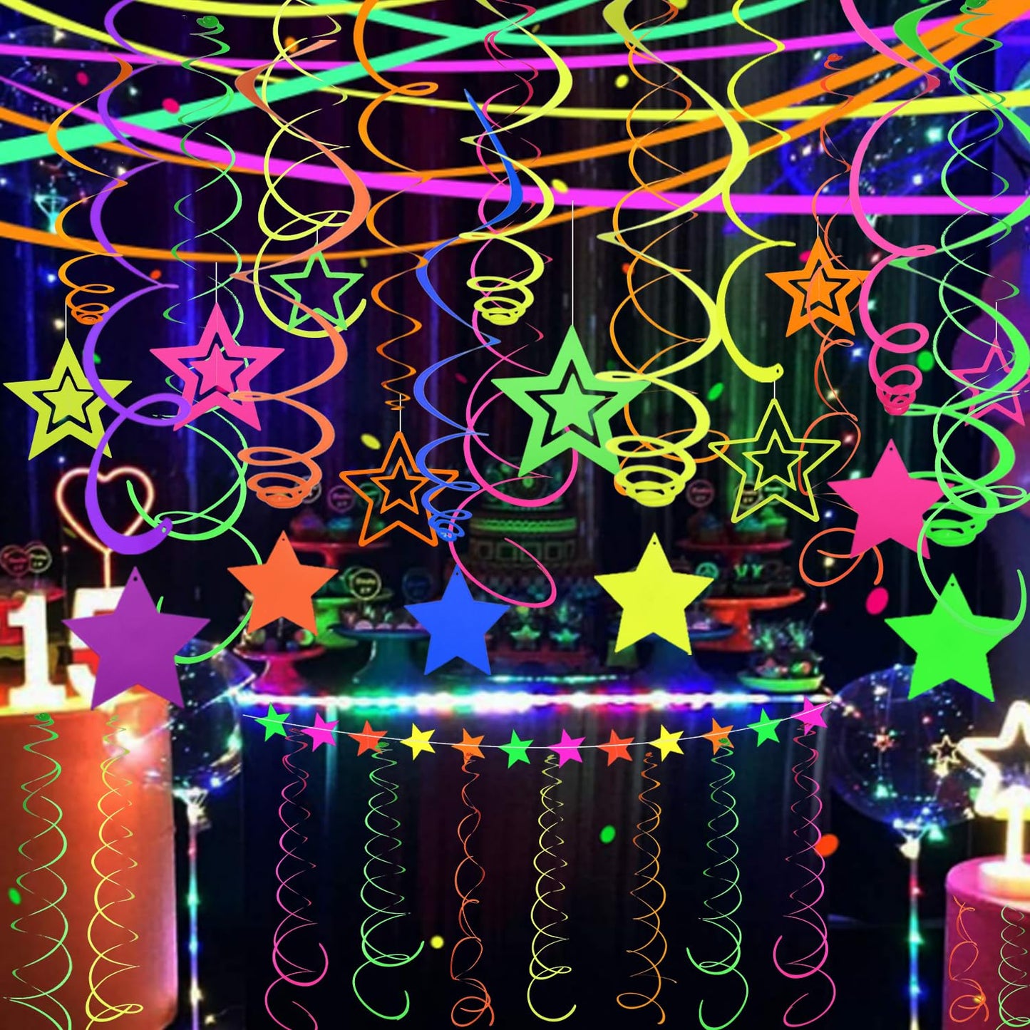 52 PCS UV Neon Rainbow Ceiling Swirl Decoration Hanging Streamer for Ceiling Neon Garlands Black Light Neon Decorations for Dark Glow Party Supplies and Decorations Birthday Party Favors