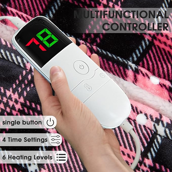 Pink Heated Blanket Electric Full Size,72X84 Heating Blanket with 10 Heats Levels&8 Hours Auto Off&Timer,Plaid Soft Sherpa Pink Blankets Warmer Gift for Grandma Women Adult,Fast Heating Washable