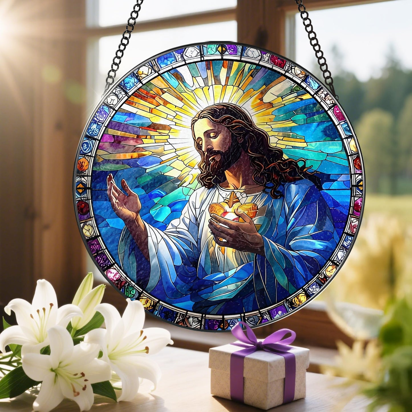 LAOWEIKI 8'' Jesus Christ Suncatcher Ornament, Stained Glass Window Hanging, Christian Home Decor, Religious Decor, Gifts for Christian, Gifts for Christmas, Religious Gift