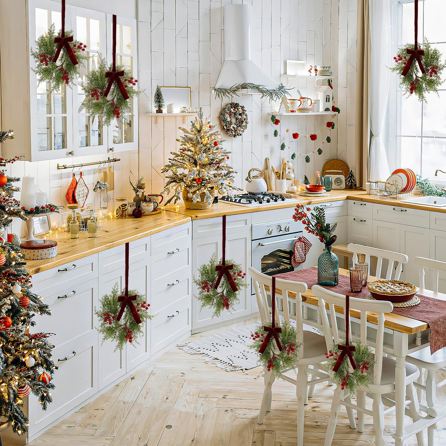 8Pcs Small Christmas Wreaths for Kitchen Cabinets - 9 Inch Mini Wreaths for Cabinets with Berry and Ribbon, Artificial Farmhouse Wreath Hanging Wreaths for Fireplace Front Door Chair Window Porch Wall