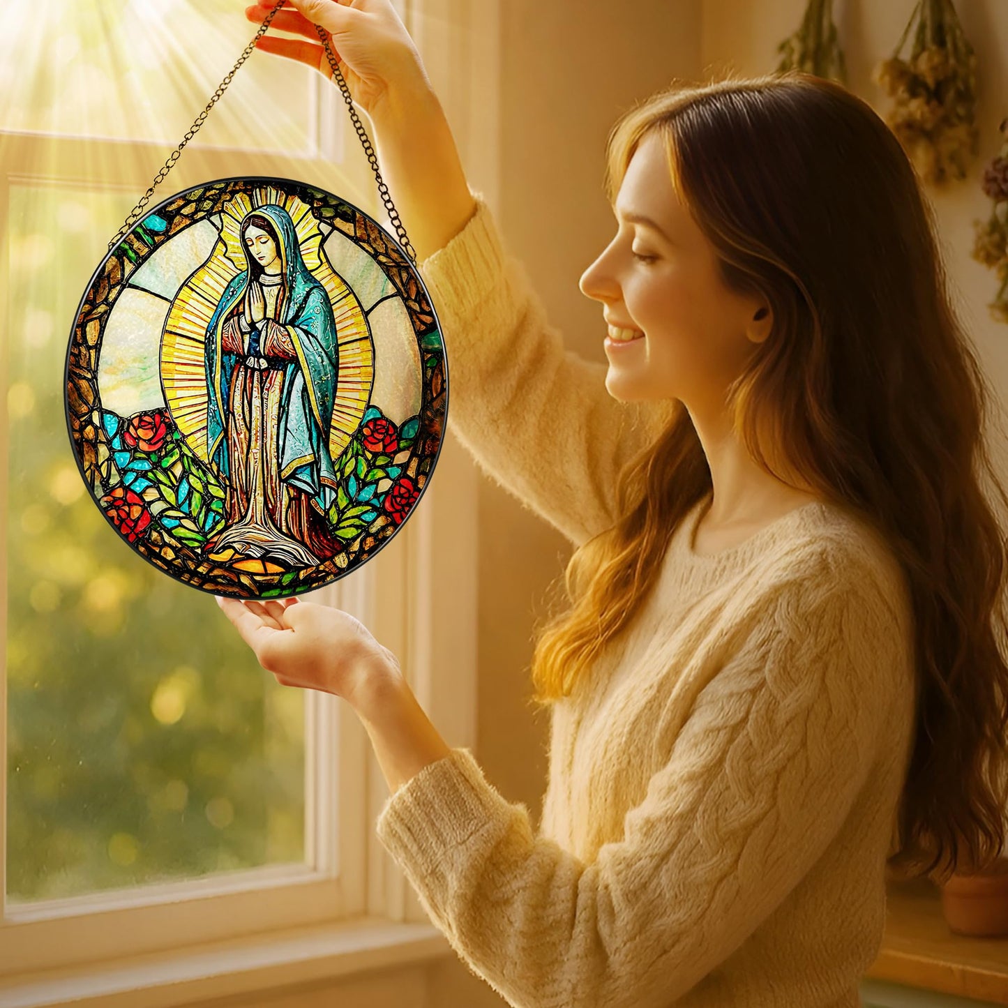 8 Inch Our Lady of Guadalupe Stained Glass Suncatcher, Stained Glass Window Hanging, Mexican Mom Window Hanging, Latin Mom Gift, Gifts for Mother's Day, Religious Gift, Gifts for Christian