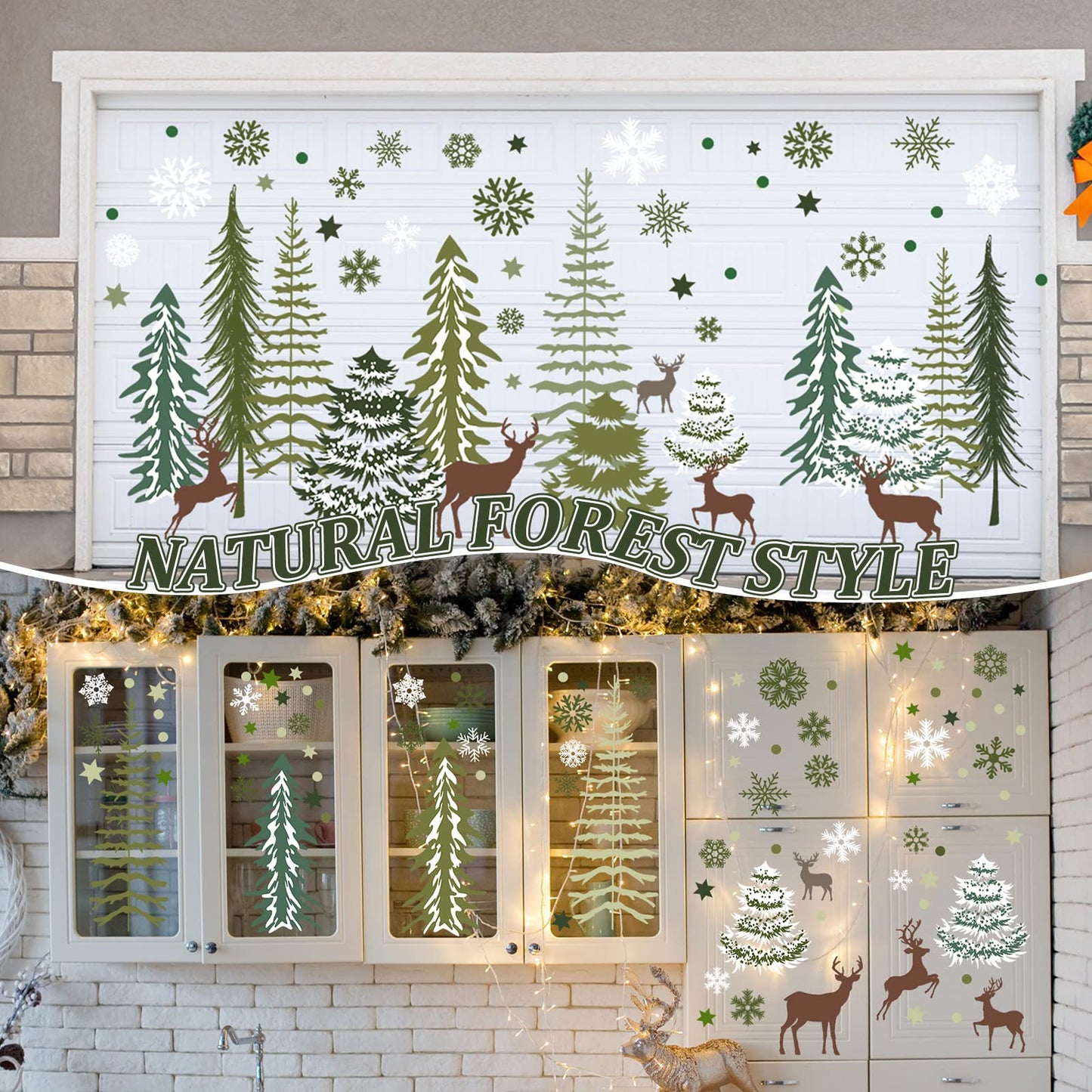 Teling 8 Pieces Winter Snowflake Wall Decals Stickers Dreamy Nursery Forest Woodland Trees Deer Pine Tree Wall Decals for Kids Room Winter Decor(Green, Brown)