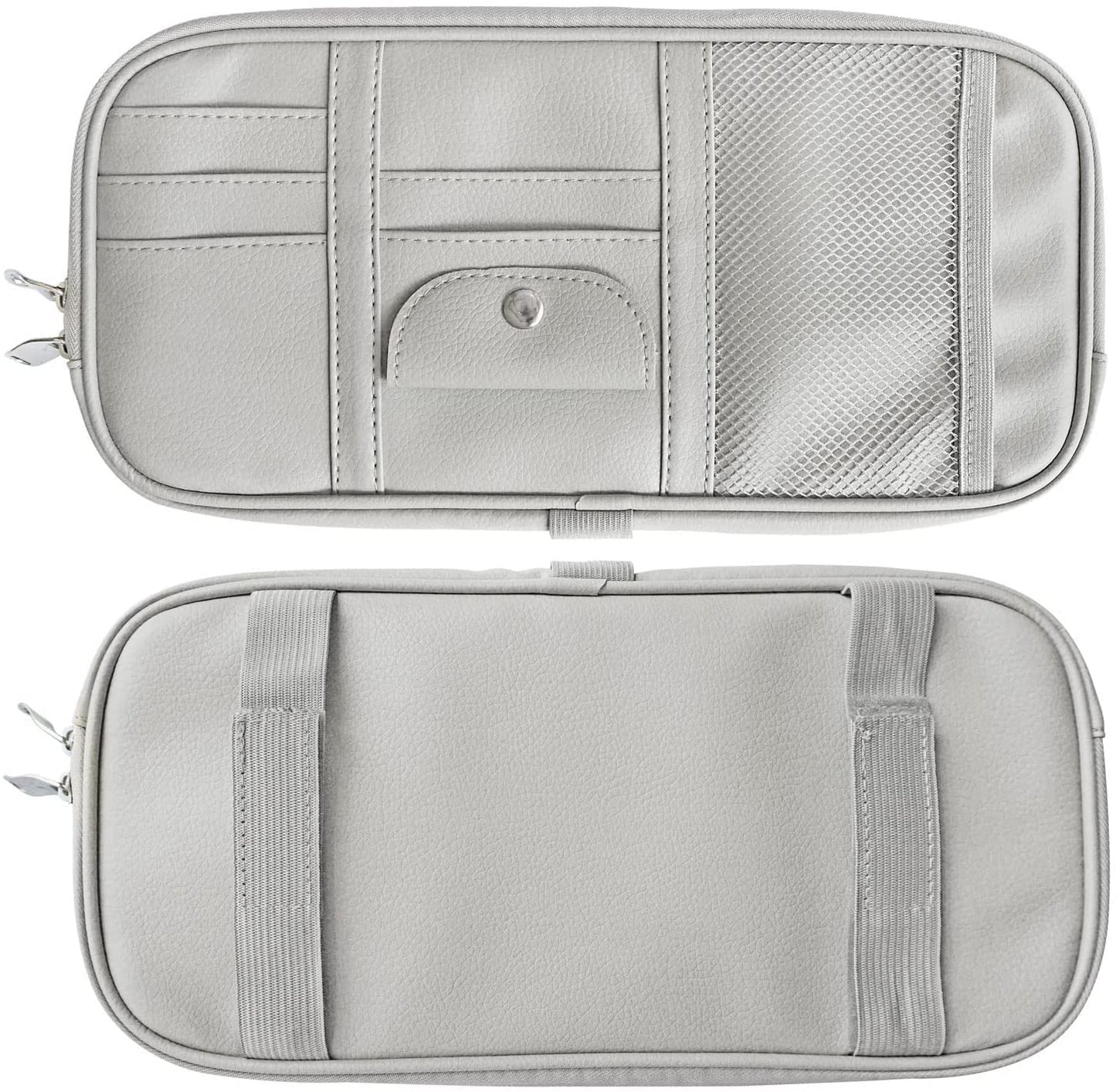 Qitdathn Car Sun Visor Organier Truck SUV Sun Visor Storage Pocket Pouch Holder, Multi-Pocket PU Leather with Zipper Net, for Cards Pens Sunglasses Document (Gray)