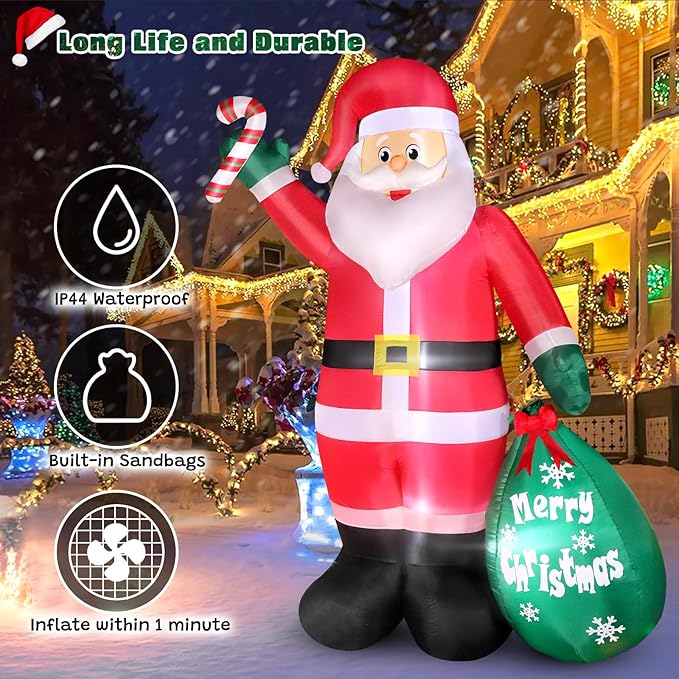 6FT Christmas Inflatable Santa with Candy and Big Gift Bag Outdoor Decorations, Built-in Brilliant Led Lights Blow Up Xmas Yard Decor, Kindly Festival Decor for Yard Lawn Garden Indoor Holiday Party