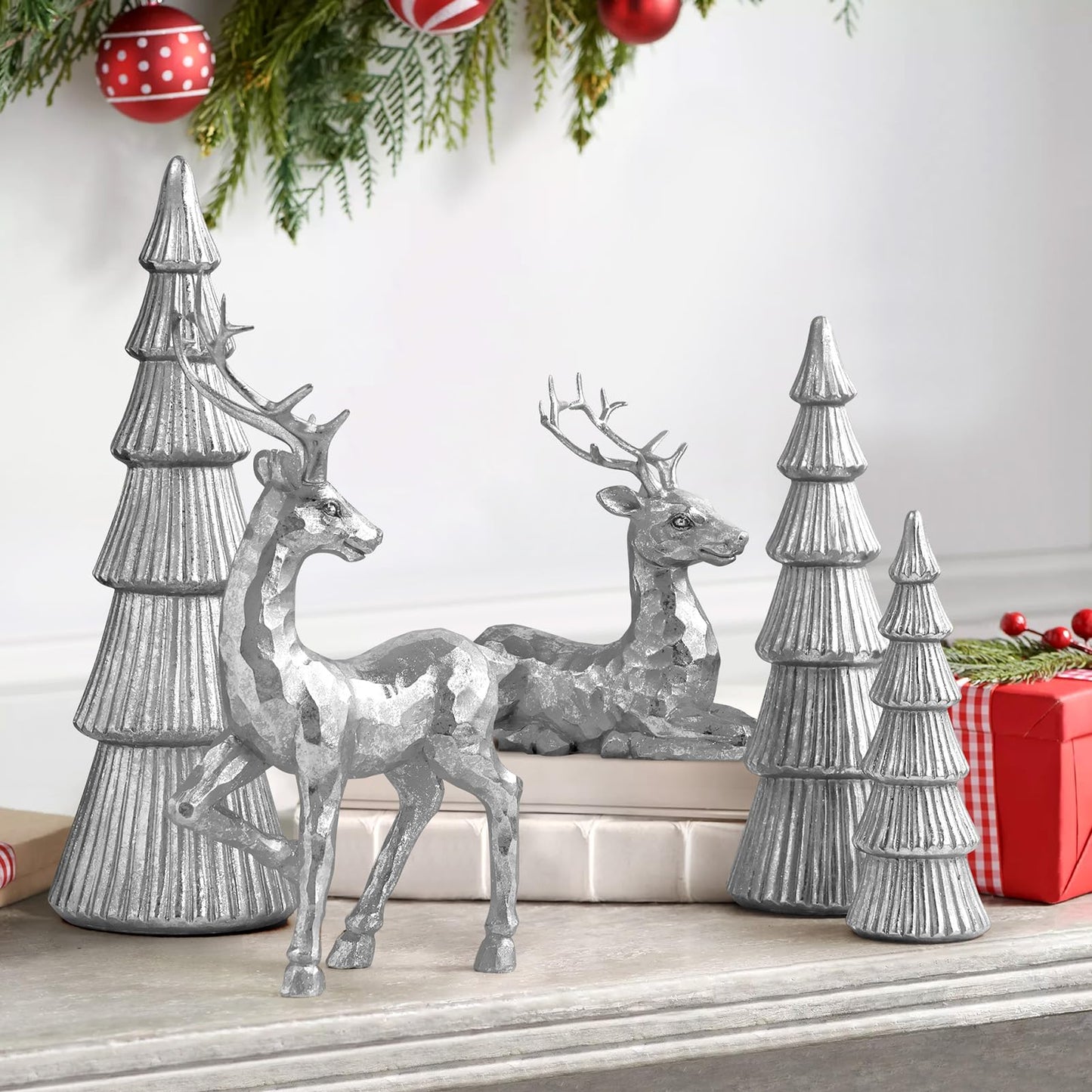 Hommtina Reindeer Christmas Decoration and Mini Christmas Trees,Christmas Reindeer Statues Lucky Reindeer Decor for Indoor Home Decor Tabletop Mantle Cabinet Desktop Office (Bright Silver)