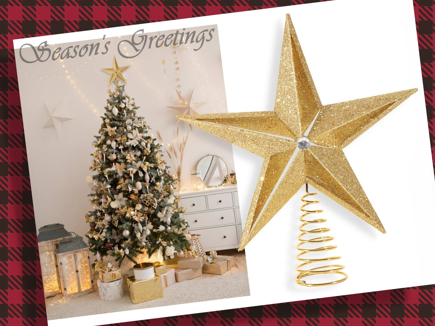 Christmas Traditions 10 inch Large Filigree Gold Glittered Christmas Star Tree Topper Star for Large Tree 6 feet-8 feet Tall/Home Decor Ornaments (Gold)