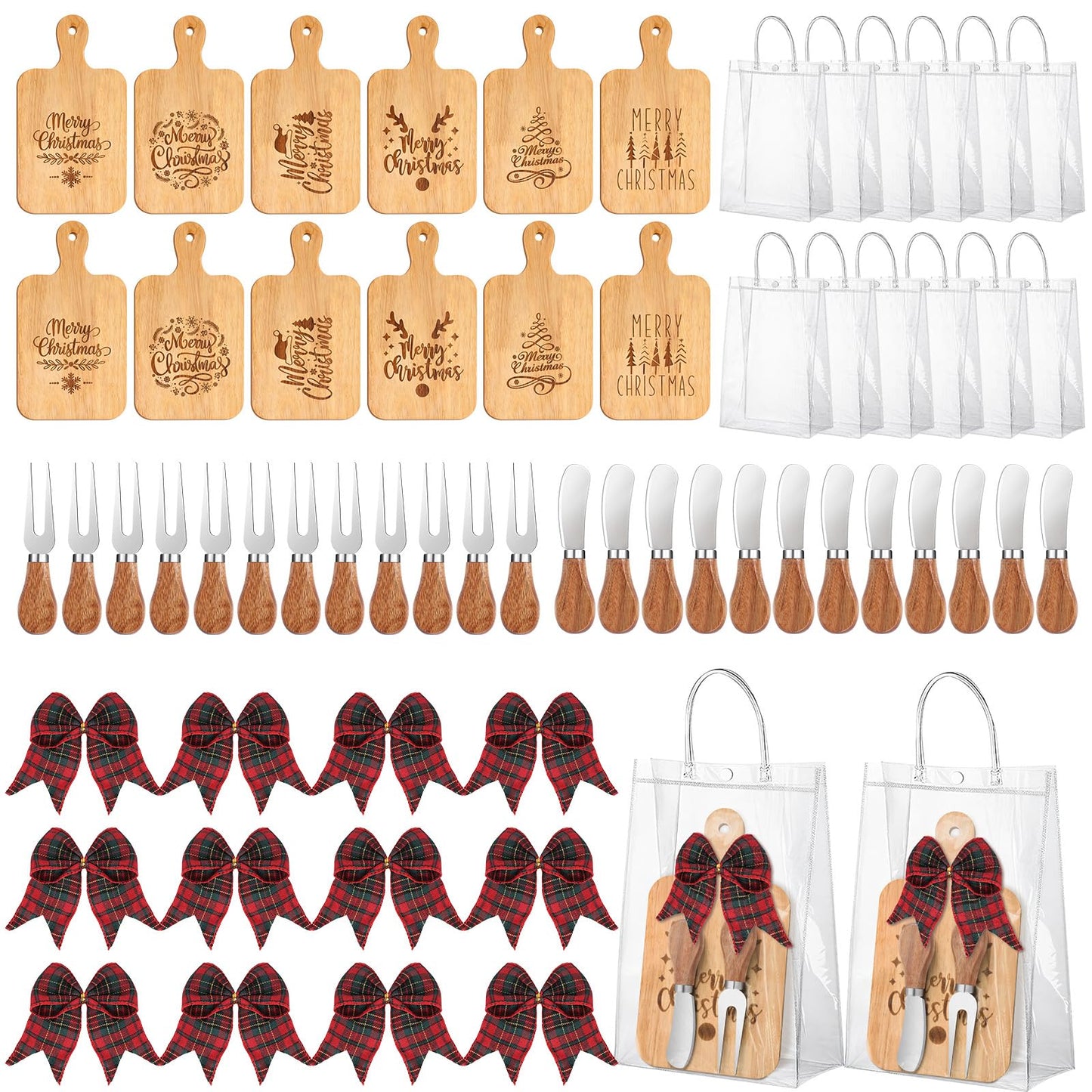 12 Set Merry Christmas Wood Cutting Board Bulk Christmas Kitchen Gift Set Xmas Tree Kitchen Charcuterie Board Serving Platter Tray for Winter Home Party Gift Decor