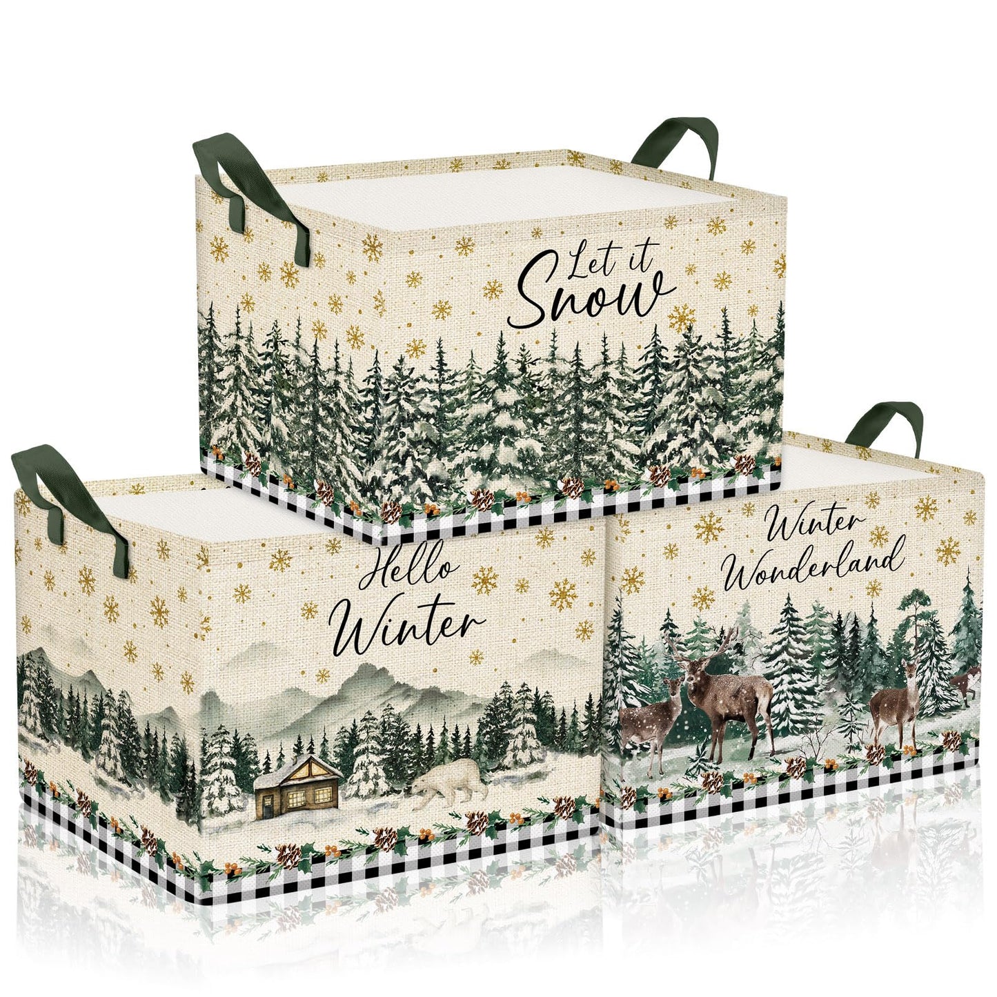 Geelin 3 Pcs Christmas Winter Baskets Wonderland Storage Basket for Gifts Collapsible Waterproof Canvas Xmas Reindeer Storage Bin Organizer with Handles for Book Closet Shelf Nursery Decor
