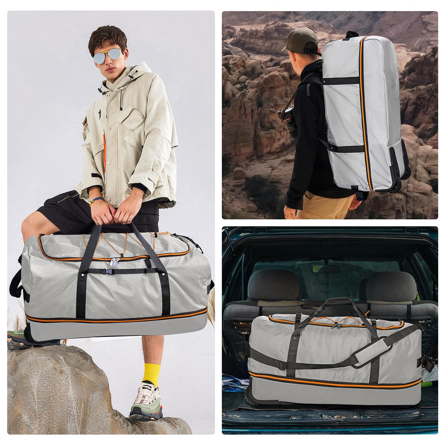 Morthanabag 32” 1680D Oxford Foldable Duffle Bag with 2 Wheels,110L to 140L Expandable Soft Sided Rolling Travel Bag,Grey