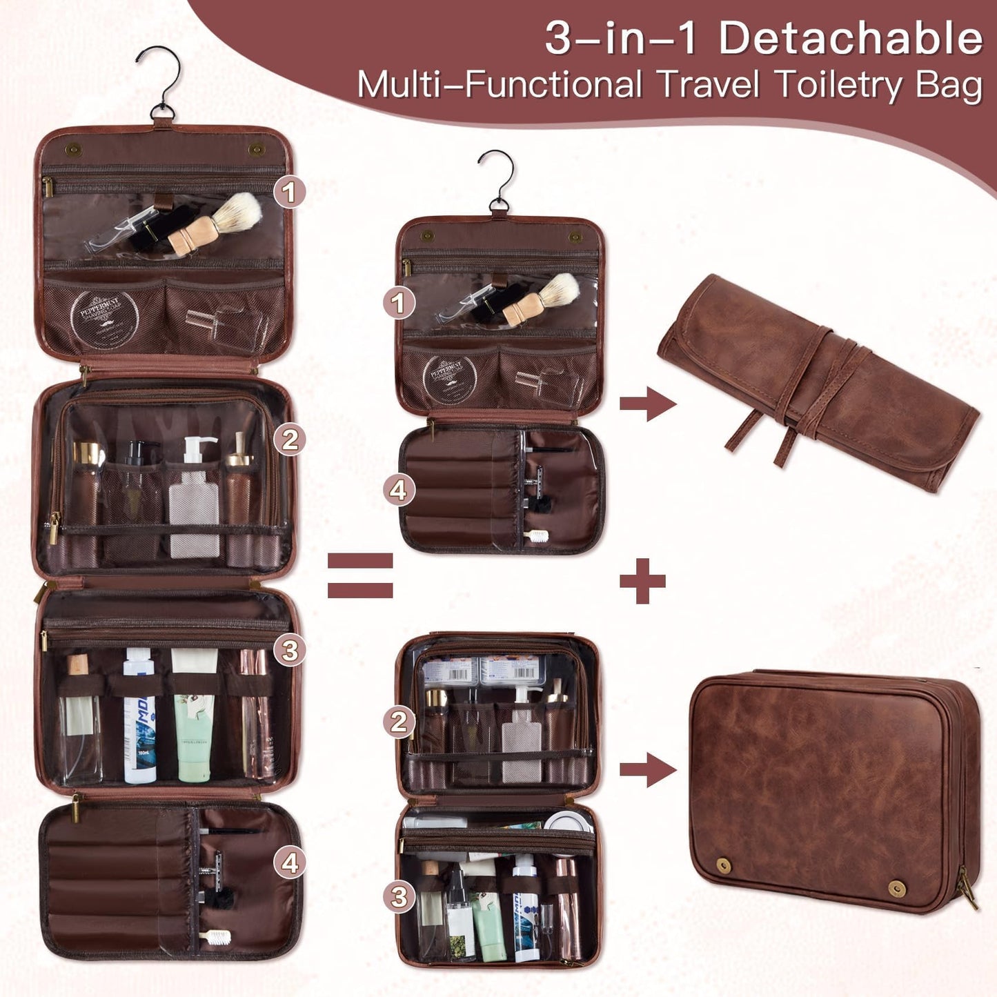 Aganmi Personalized Hanging Toiletry Bag Travel Gifts for Men Him, 3-in-1 Large Laser-Engraved Initial Waterproof PU Leather Shaving Bag Valentines Birthday Gift for Men Dad Husband Reddish Brown M