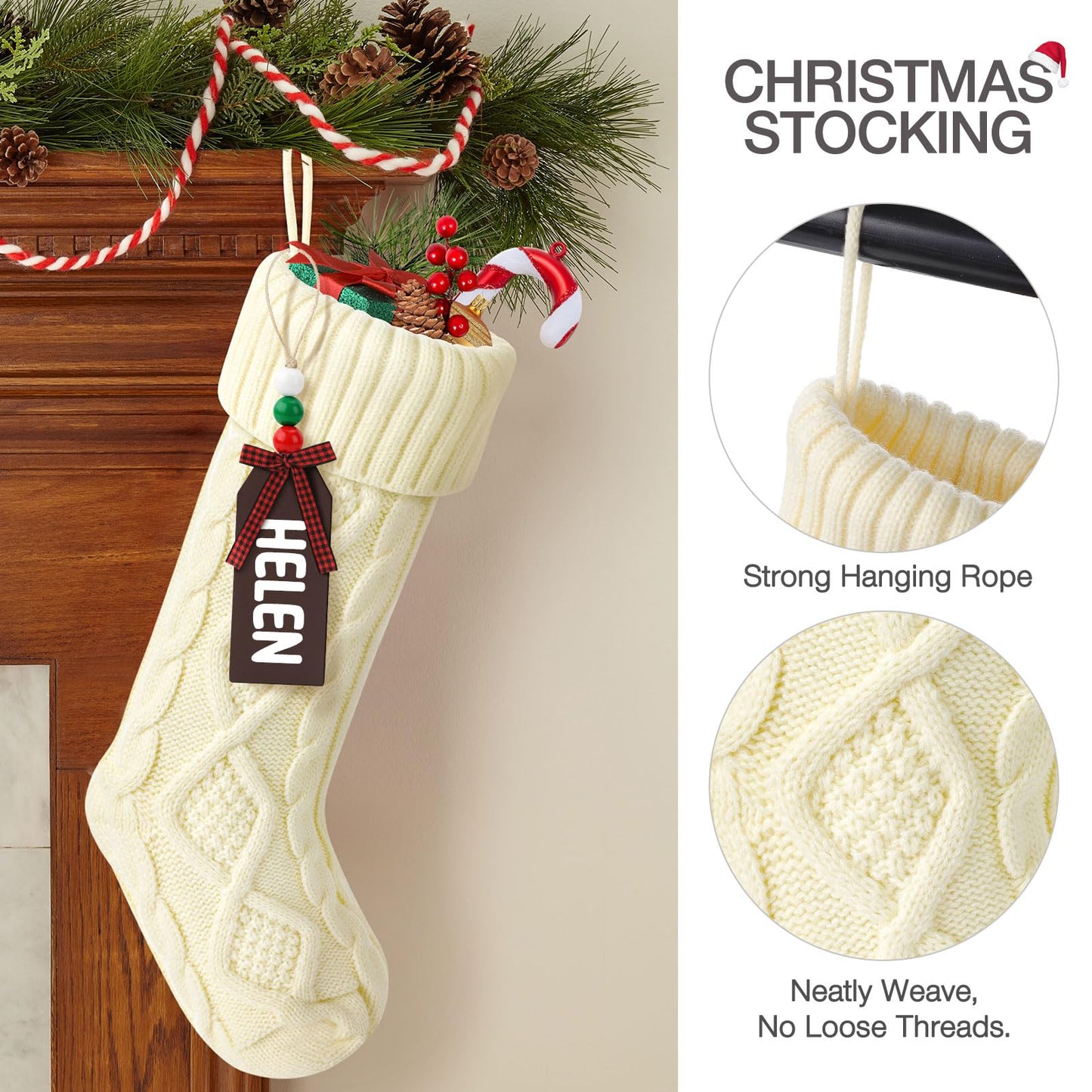 Hommtina Christmas Stockings, Personalized Christmas Stockings 18 Inches Large Size Cable Knitted Stocking Gifts (6pcs White&red&Green)
