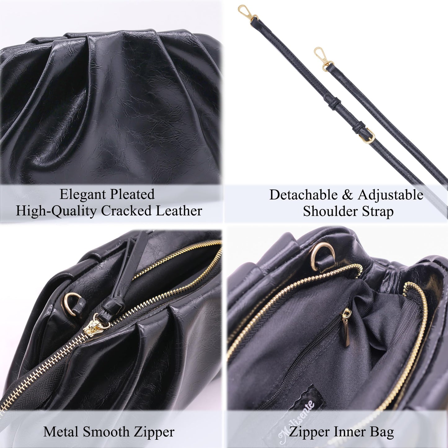 Milisente Clutch Purses for Women Shiny PU Leather Pleated Evening Clutch Bag With Shoulder Strap for Formal Wedding Prom (Black)