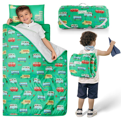 Safotad Toddler Nap Mat with Pillow and Blanket, Soft Sleeping Bag for Kids Boys and Girls, Slumber Bags Kids for Preschool, Daycare, Travel, Camping, 54" x 33" Great for Ages 3-6(Green)