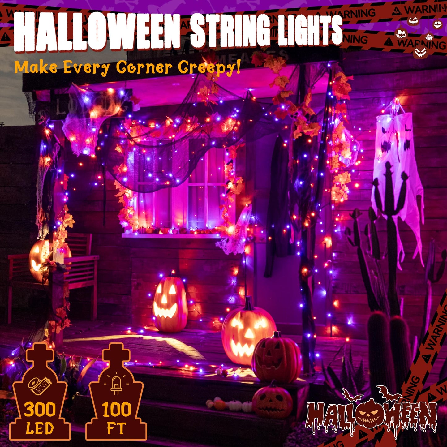 Ollny Halloween Lights Outdoor, 300 LED 100FT Orange and Purple Halloween Decorations with 8 Modes Timer, Plug in String Lights for Indoor Outside House Yard Party