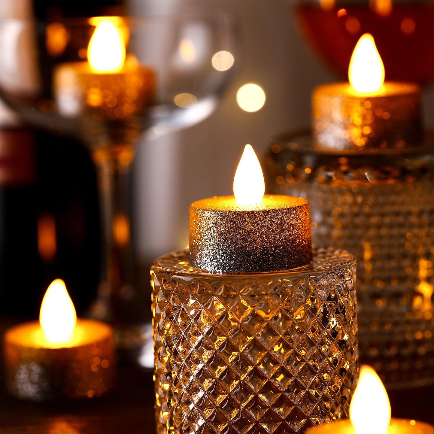 Retisee 48Pcs Flameless LED Tea Lights Glitter Electric Fake Candles for Centerpieces Battery Operated Anniversary Romantic Winter Decor for Wedding Christmas Birthday (Gold,Silver,1.65 Inch)