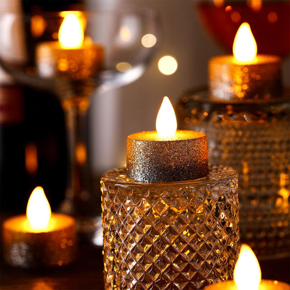 Retisee 48Pcs Flameless LED Tea Lights Glitter Electric Fake Candles for Centerpieces Battery Operated Anniversary Romantic Winter Decor for Wedding Christmas Birthday (Gold,Silver,1.65 Inch)
